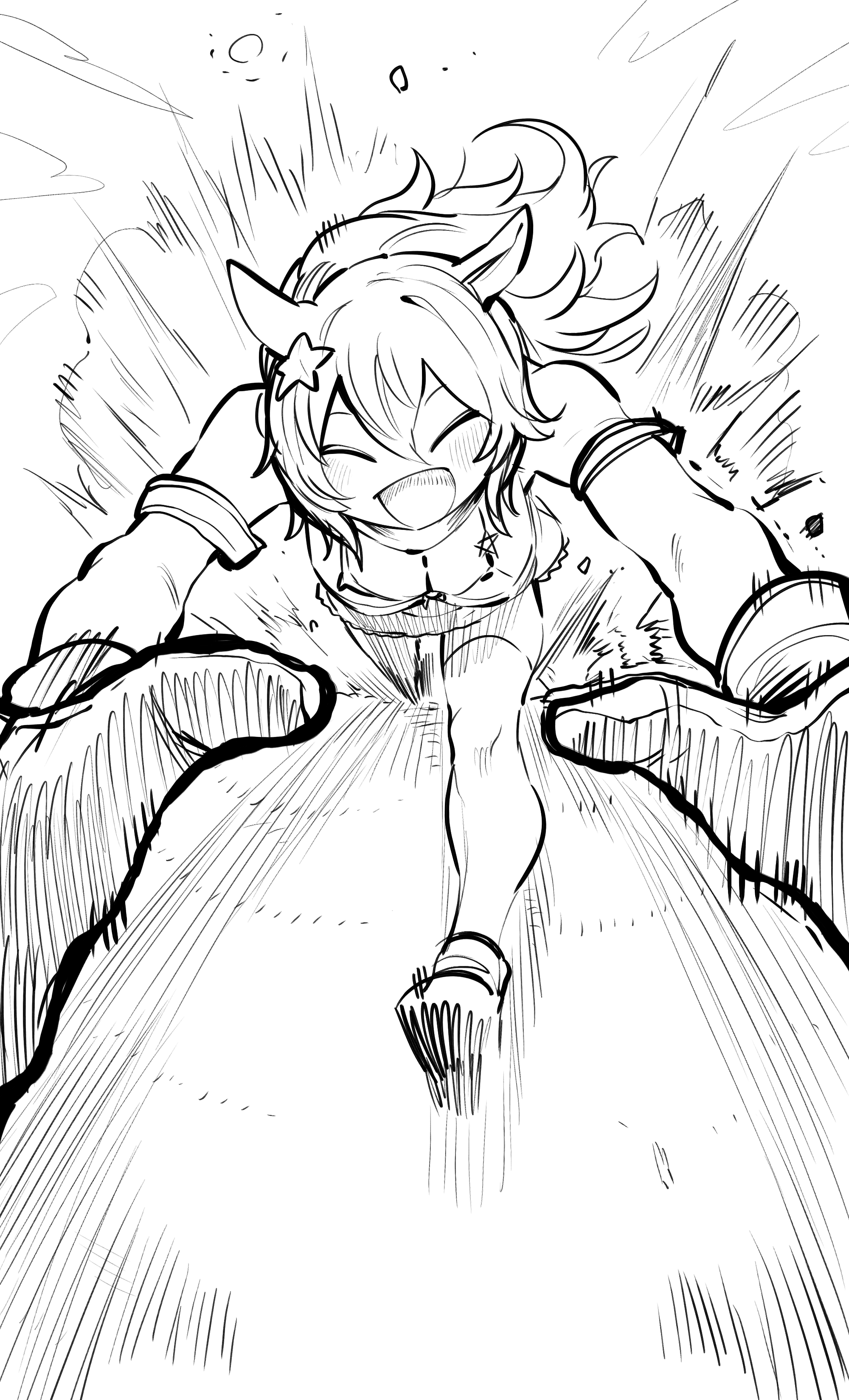 niwarhythm, taiki shuttle (umamusume), umamusume, absurdres, highres, tagme, 1girl, animal ears, badge, bare shoulders, dust cloud, facing viewer, gloves, greyscale, horse ears, horse girl, monochrome, motion lines, running, solo, speed lines, star (symbol), white background