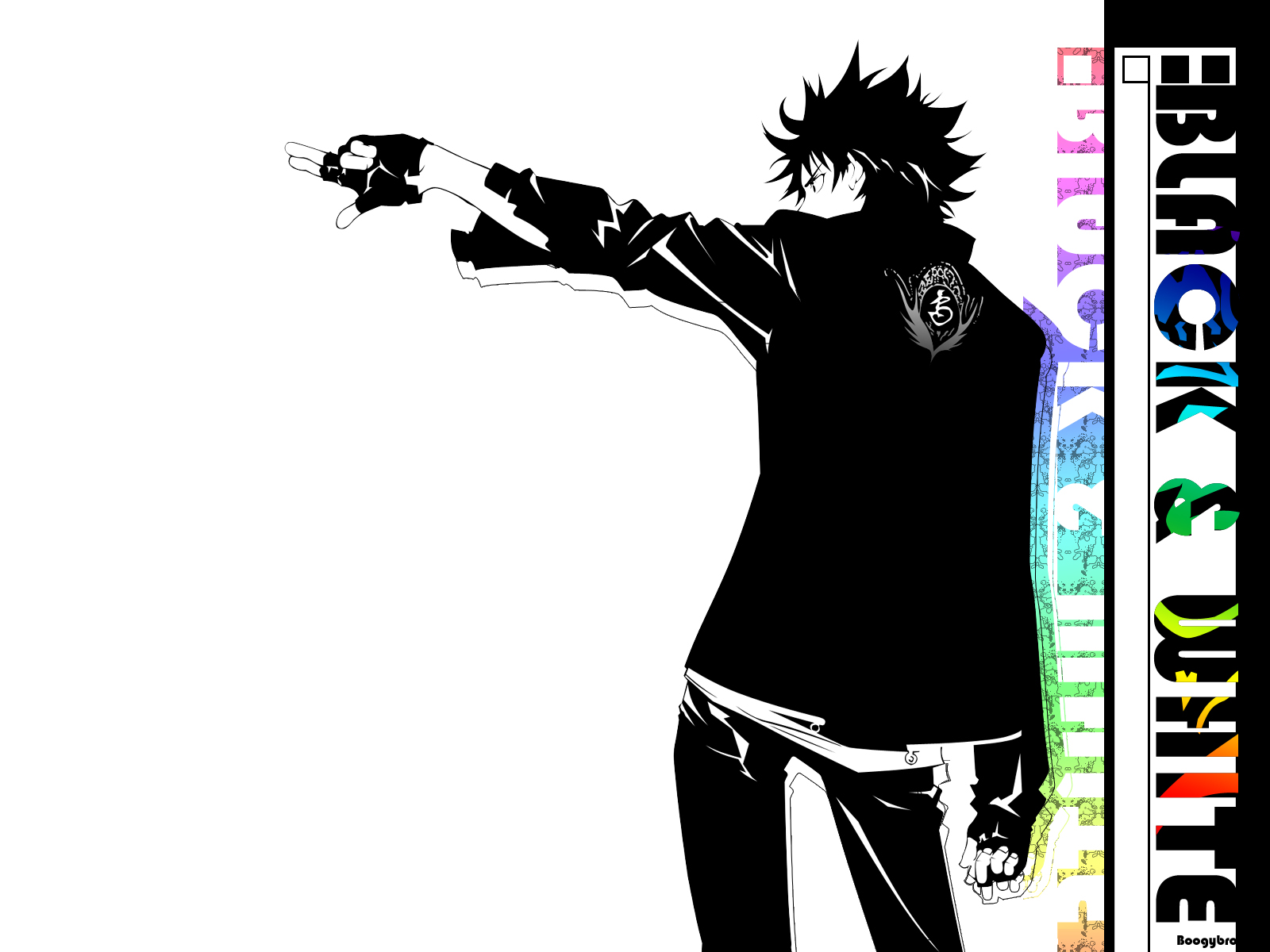 oogure ito, minami itsuki, air gear, highres, non-web source, official art, official wallpaper, 00s, 1boy, armor, finger gun, fingerless gloves, from behind, gloves, greyscale, high contrast, jacket, male focus, monochrome, pants, solo, spiked hair, sword, weapon