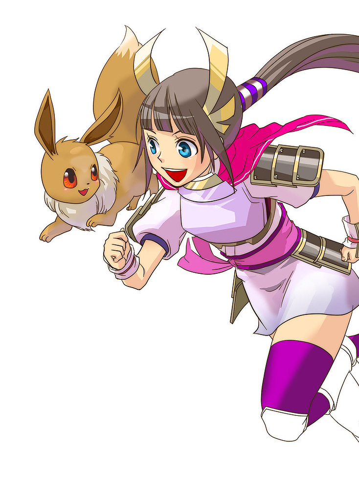 eevee, heroine (pokemon conquest), pokemon, pokemon conquest, armor, blue eyes, blunt bangs, brown hair, cape, capelet, gen 1 pokemon, hair ornament, japanese clothes, kimono, multicolored hair, ponytail, purple thighhighs, running, skirt, smile, streaked hair, thighhighs, thighs
