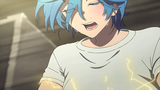 isemi tina, rock wa lady no tashinami deshite, animated, animated gif, anime screenshot, highres, tagme, 1girl, blue eyes, blue hair, bouncing breasts, breasts, closed eyes, instrument, keyboard (instrument), large breasts, navel, open mouth, shirt, smile, solo, stomach, sweat, t-shirt, undersized clothes, white shirt