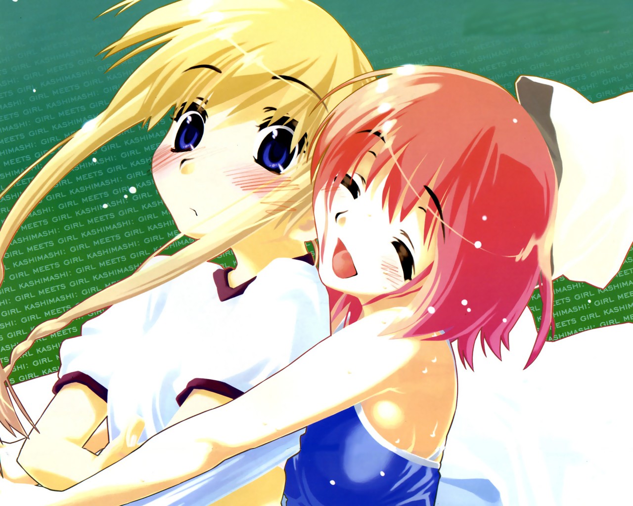 bolze, kamiizumi yasuna, kurusu tomari, osaragi hazumu, kashimashi, 00s, 2girls, :d, :t, ^ ^, blonde hair, blue eyes, blush, braid, breasts, closed eyes, clothes lift, copyright name, embarrassed, english text, flat chest, frown, genderswap, genderswap (mtf), gradient hair, gym uniform, head tilt, hug, hug from behind, long hair, looking at viewer, looking back, midriff, multicolored hair, multiple girls, one-piece swimsuit, open mouth, orange hair, pink hair, profile, shirt, shirt lift, short hair, sideboob, sidelocks, small breasts, smile, surprised, swimsuit, t-shirt, towel, twin braids, twintails, undressing, upper body, wet