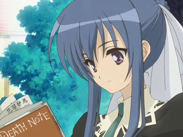 suzumi tamao, death note, strawberry panic!, anime screenshot, blue eyes, blue hair, book, crossover, death note (object), hair ribbon, necktie, open book, parody, reading, ribbon, solo