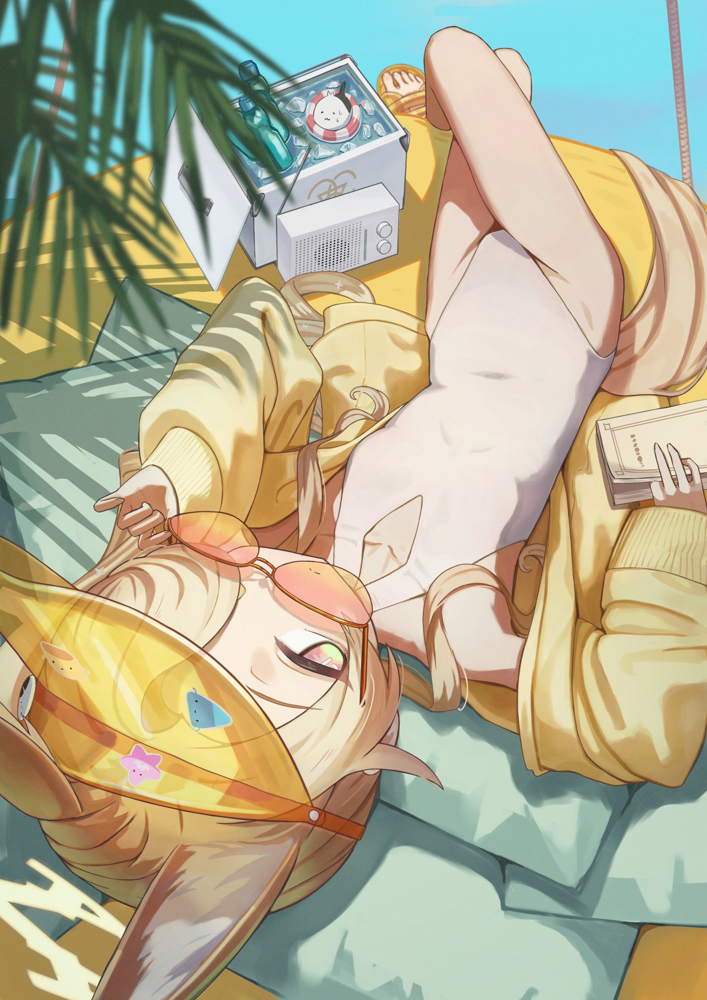 yanoyoru, seia (blue archive), seia (swimsuit) (blue archive), blue archive, commentary, highres, 1girl, adjusting eyewear, animal ear fluff, animal ears, blonde hair, book, breasts, cooler, covered navel, crossed legs, diamond cutout, expressionless, extra ears, fox ears, fox girl, fox tail, holding, holding book, jacket, long sleeves, looking at viewer, lying, official alternate costume, official alternate hairstyle, one-piece swimsuit, open clothes, open jacket, parted bangs, radio, ramune, sandals, small breasts, solo, sunglasses, swimsuit, tail, visor cap, white one-piece swimsuit, yellow-framed eyewear, yellow eyes, yellow jacket, yellow sandals, yellow tail, yellow visor