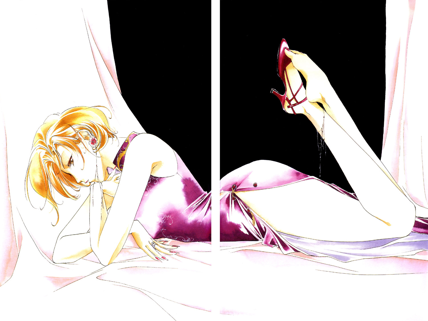 kakinouchi narumi, yakushiji ryouko, yakushiji ryouko no kaiki jikenbo, 1girl, anklet, bed, dress, earrings, female focus, fingernails, high heels, jewelry, nail (hardware), nail polish, orange hair, pink nails, ring, shoeplay, shoes, short hair, single shoe, solo