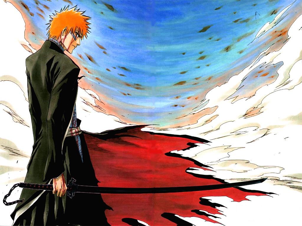 kubo tite, kurosaki ichigo, bleach, cleaned, 00s, 1boy, bankai, katana, male focus, outdoors, sky, solo, sword, weapon