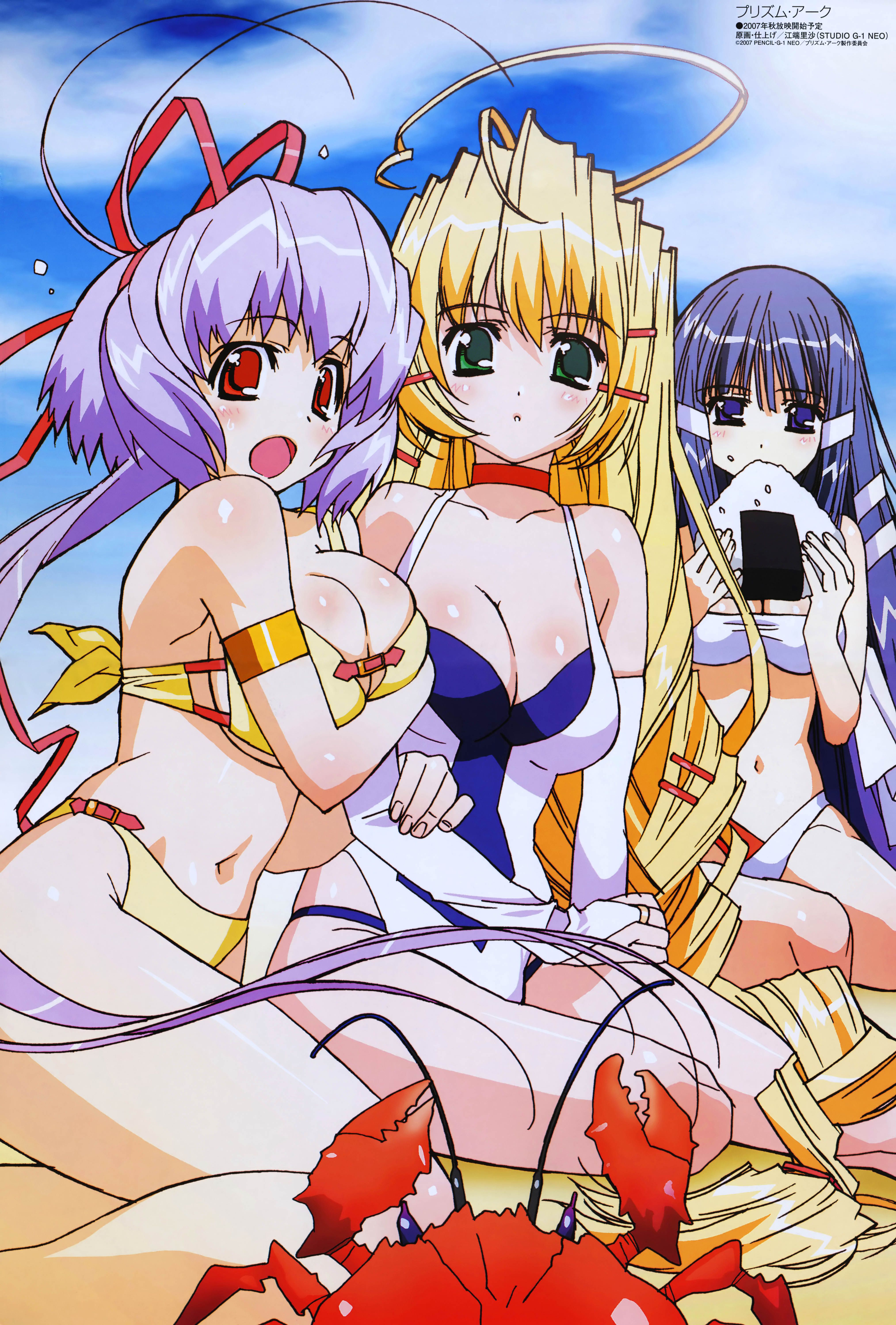 ebata risa, oobari masami, bridget (prism ark), kagura (prism ark), priecia, prism ark, absurdres, highres, 00s, 3girls, beach, bikini, blonde hair, blue hair, breasts, cleavage, day, large breasts, long hair, medium breasts, multiple girls, one-piece swimsuit, outdoors, swimsuit