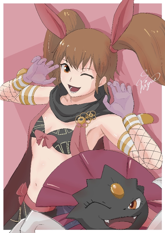 kunoichi (sengoku musou), weavile, nintendo, pokemon, pokemon conquest, sengoku musou, arms up, black scar, breasts, brown eyes, brown hair, cleavage, fishnets, gen 4 pokemon, gloves, hair ribbon, looking at viewer, navel, ninja, one eye closed, ribbon, ribbon trim, scarf, skirt, smile, twintails, wink