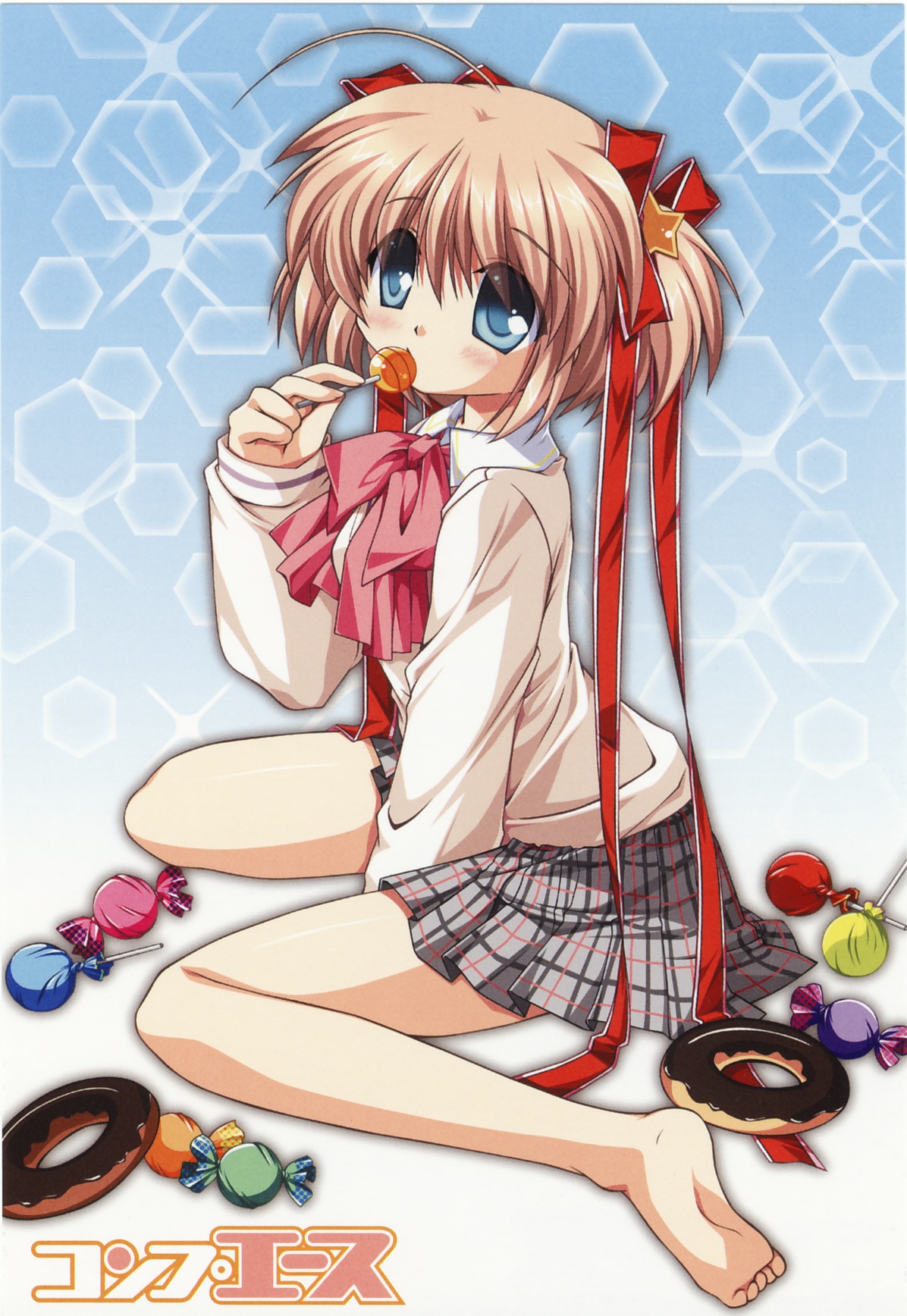 hinoue itaru, kamikita komari, little busters!, highres, scan, 1girl, ahoge, barefoot, blonde hair, blue eyes, bow, candy, donut, feet, female focus, food, hair ribbon, lollipop, pink bow, plaid clothes, plaid skirt, ribbon, school uniform, short hair, sitting, skirt, solo, wariza
