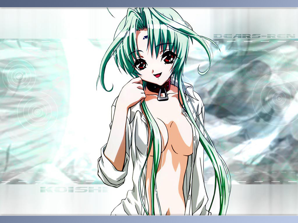 len (tsukihime), ren (dears), dears, 00s, collar, green hair, long hair, open clothes, open shirt, shirt, solo