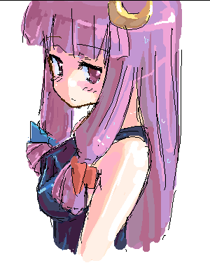 patchouli knowledge, touhou, lowres, 1girl, crescent, crescent hair ornament, female focus, hair ornament, long hair, looking at viewer, oekaki, purple eyes, purple hair, sidelocks, simple background, solo, tank top, upper body, white background