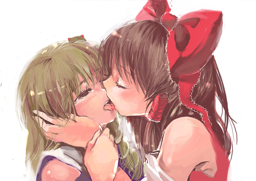 cis (carcharias), hakurei reimu, kochiya sanae, touhou, 2girls, brown hair, female focus, french kiss, frog, hair ribbon, half-closed eyes, kiss, multiple girls, ribbon, simple background, white background, yuri