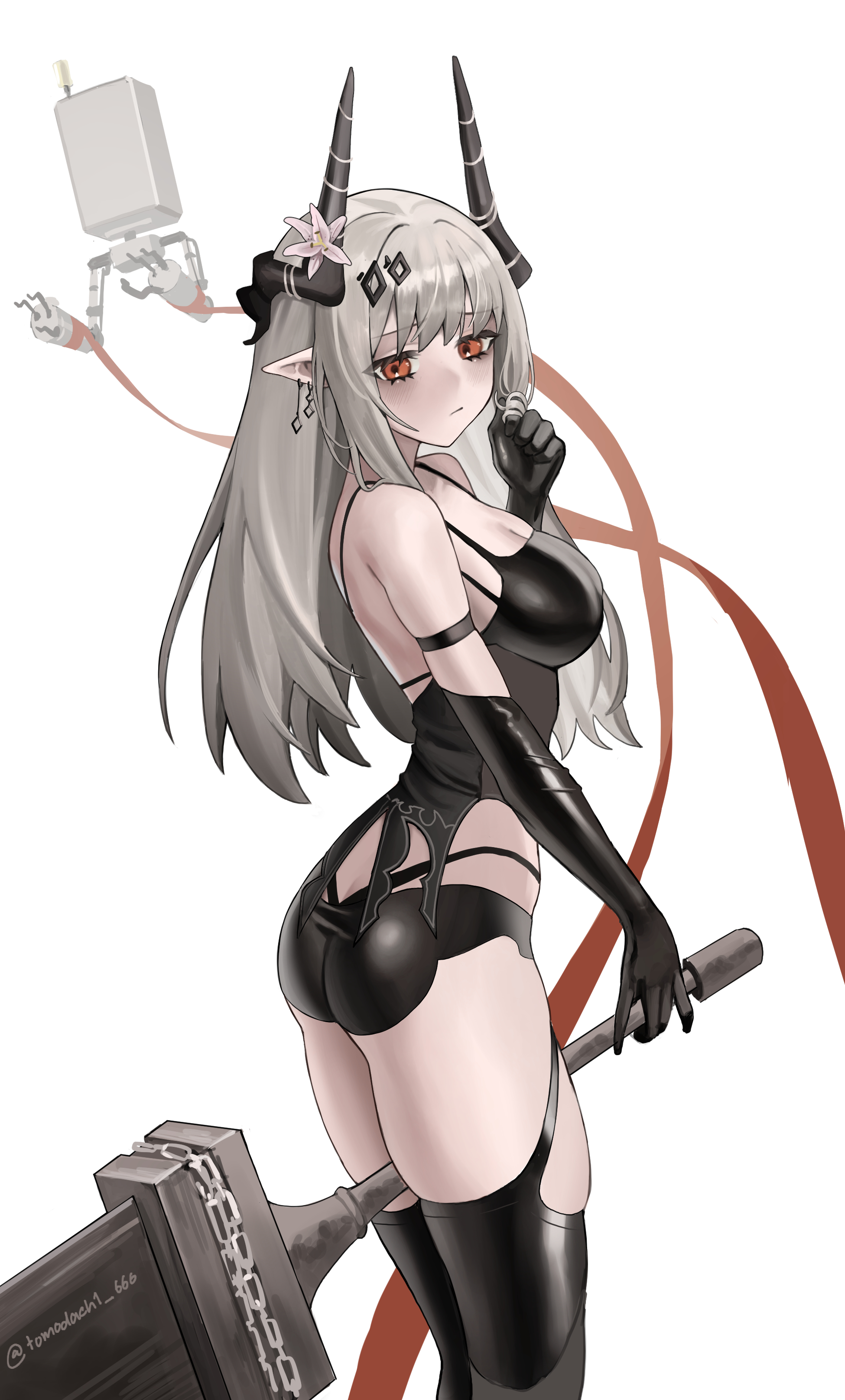 tomodach1666, a2 (nier:automata), mudrock (arknights), pod (nier:automata), arknights, nier:automata, nier (series), absurdres, commentary request, highres, 1girl, a2 (nier:automata) (cosplay), ass, black camisole, black gloves, black thighhighs, breasts, camisole, cosplay, earrings, gloves, grey hair, horns, jewelry, large breasts, long hair, pointy ears, red eyes, sidelocks, simple background, skindentation, sword, thighhighs, twirling hair, twitter username, weapon, white background