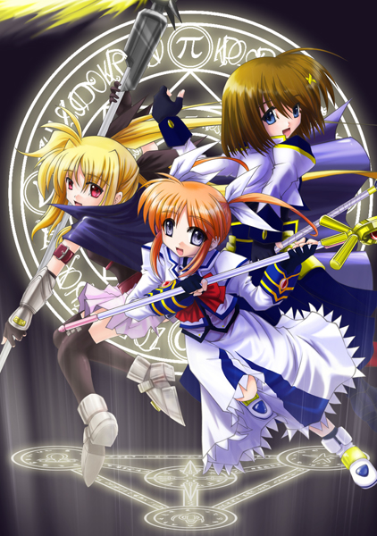 sogobaga, bardiche (haken form) (nanoha), bardiche (nanoha), fate testarossa, fate testarossa (lightning form), raising heart, raising heart (accel mode), schwertkreuz, takamachi nanoha, takamachi nanoha (sacred mode), yagami hayate, lyrical nanoha, mahou shoujo lyrical nanoha, mahou shoujo lyrical nanoha a's, 00s, 3girls, arm belt, belt, blonde hair, blue eyes, bow, brown hair, cape, dress, energy blade, hair ornament, jacket, long hair, magic circle, magical girl, multiple girls, open clothes, open jacket, purple eyes, red bow, red eyes, red hair, scythe, short hair, skirt, staff, thighhighs, twintails, waist cape, x hair ornament, zettai ryouiki