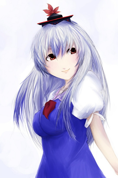 kirieppa, kamishirasawa keine, touhou, silver hair, 1girl, closed mouth, female focus, long hair, looking to the side, neckerchief, puffy short sleeves, puffy sleeves, red eyes, short sleeves, simple background, smile, solo, upper body, white background