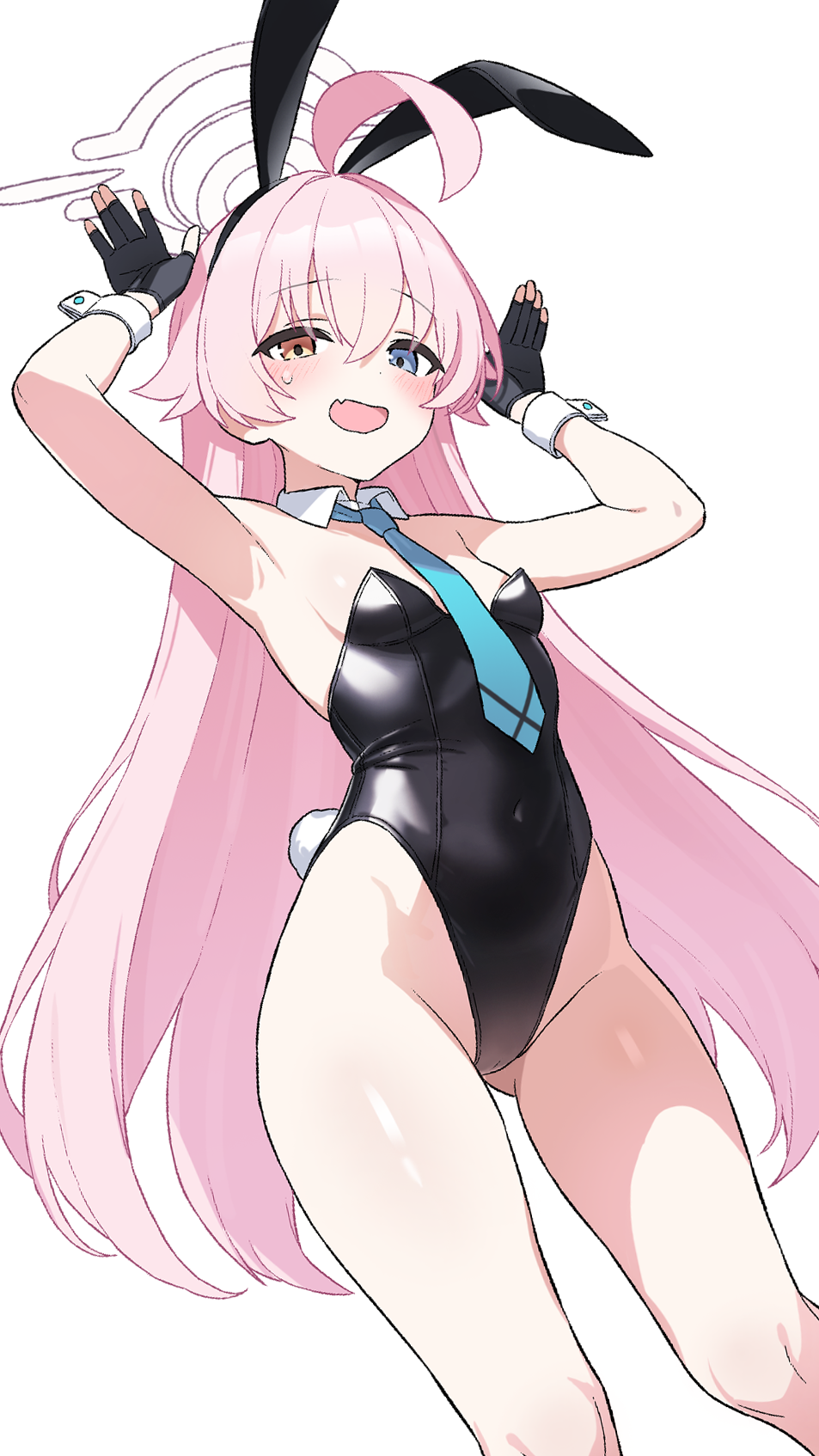 hoshino (blue archive), blue archive, highres, 1girl, :d, ahoge, alternate costume, animal ears, aqua necktie, armpits, bare shoulders, black gloves, black leotard, blue eyes, blush, breasts, collar, covered navel, crossed bangs, detached collar, dutch angle, fake animal ears, fake tail, fang, fingerless gloves, from below, gloves, gluteal fold, groin, halo, heterochromia, highleg, highleg leotard, huge ahoge, knees, leotard, long hair, looking at viewer, namul steal, necktie, open mouth, pink hair, playboy bunny, rabbit ears, rabbit pose, rabbit tail, sidelocks, simple background, skin fang, small breasts, smile, solo, standing, straight hair, strapless, strapless leotard, sweatdrop, tail, thighs, very long hair, white background, white collar, white wrist cuffs, wrist cuffs, yellow eyes