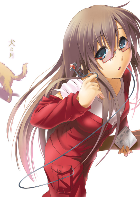 nilitsu, original, 1girl, blue eyes, brown hair, earbuds, earphones, female focus, from above, glasses, jumpsuit, long hair, niritsu, solo, very long hair