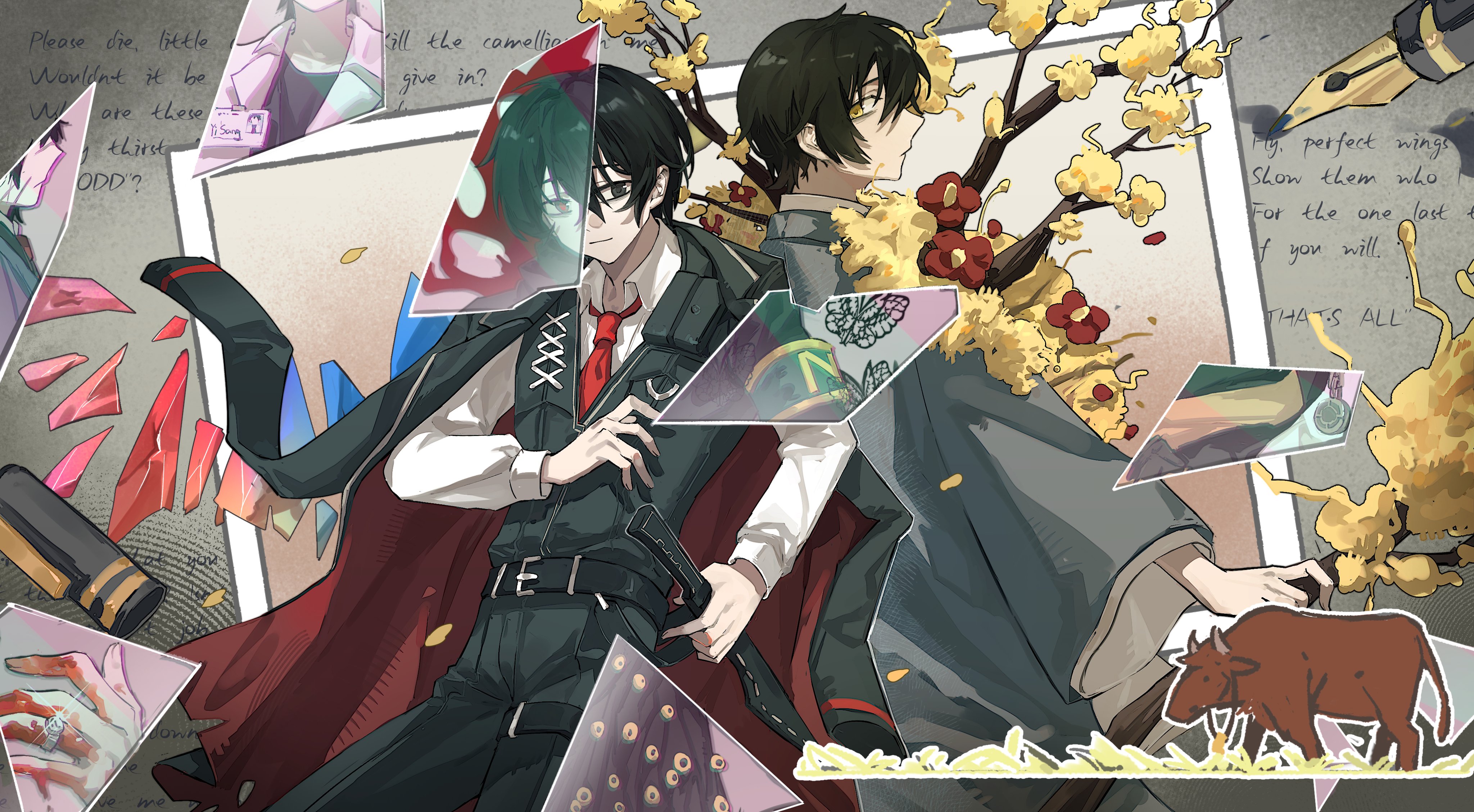 kiscript, yi sang (project moon), limbus company, project moon, absurdres, highres, 2boys, armband, back-to-back, bell, belt, black eyes, black hair, black jacket, black shirt, black vest, blood, blood on hands, branch, bug, bull, butterfly, calligraphy, coat, collared shirt, cowbell, dagger, double-parted bangs, dual persona, e.g.o (project moon), english text, fake wings, fell bullet (e.g.o), flower, glass shards, green armband, grey robe, growing out of body, hair between eyes, heterochromia, holding, holding branch, holding sheath, id card, insect, jacket, jacket on shoulders, knife, looking at viewer, looking back, monarch butterfly, multiple boys, necktie, nib pen (object), official alternate costume, pen, popped collar, red flower, red necktie, revealing layer, robe, sheath, shirt, short hair, single wing, smile, solemn lament (e.g.o), spicebush (e.g.o), vest, weapon, white butterfly, white coat, white shirt, wings, yellow eyes, yellow flower