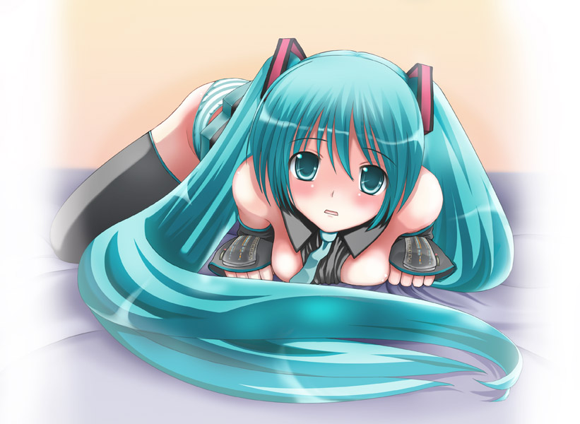 sawamura nayu, hatsune miku, vocaloid, 1girl, blue eyes, blue hair, breasts, breasts out, female focus, long hair, matching hair/eyes, panties, solo, striped clothes, striped panties, thighhighs, twintails, underwear, very long hair