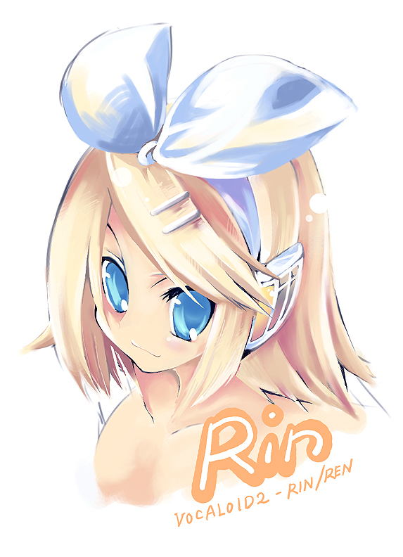 amanooni touri, kagamine rin, vocaloid, 1girl, :3, blonde hair, blue eyes, bow, character name, female focus, hair bow, hair ornament, hairclip, headphones, short hair, simple background, solo, white background