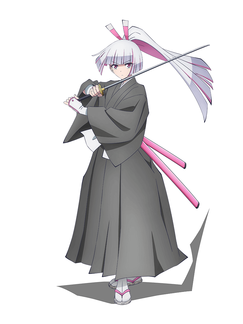 yokota masafumi, akira (bucchigire!), bucchigire!, official art, 1girl, anime coloring, black kimono, black skirt, blunt bangs, closed mouth, colored inner hair, elbow gloves, fighting stance, fingerless gloves, full body, gloves, hair ribbon, hakama, hakama skirt, hands up, holding, holding sword, holding weapon, japanese clothes, katana, kimono, long hair, looking at viewer, multicolored hair, pink eyes, pink hair, pink ribbon, reverse trap, ribbon, sandals, sash, scabbard, sheath, simple background, skirt, socks, solo, standing, sword, transparent background, two-tone hair, v-shaped eyebrows, very long hair, weapon, white gloves, white hair, white sash, white socks, wide sleeves, zouri