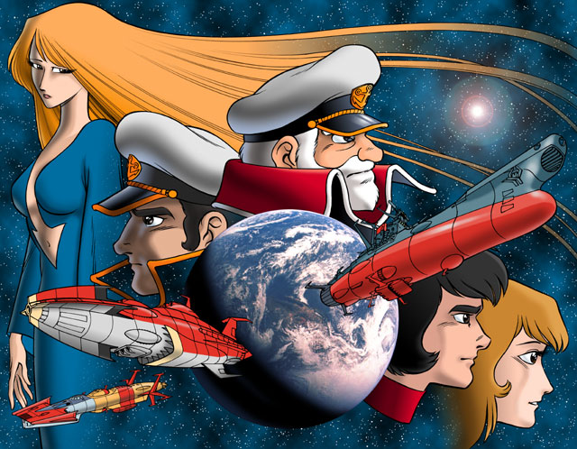 tim eldred, kodai mamoru, kodai susumu, mogami (spaceship), mori yuki, okita juuzou, starsha, yamato (uchuu senkan yamato), yukikaze (spaceship), uchuu senkan yamato, annotated, 1970s (style), 2girls, 3boys, battleship, hat, isokaze class destroyer, military, military vehicle, multiple boys, multiple girls, oldschool, peaked cap, retro artstyle, ship, space, spacecraft, warship, watercraft