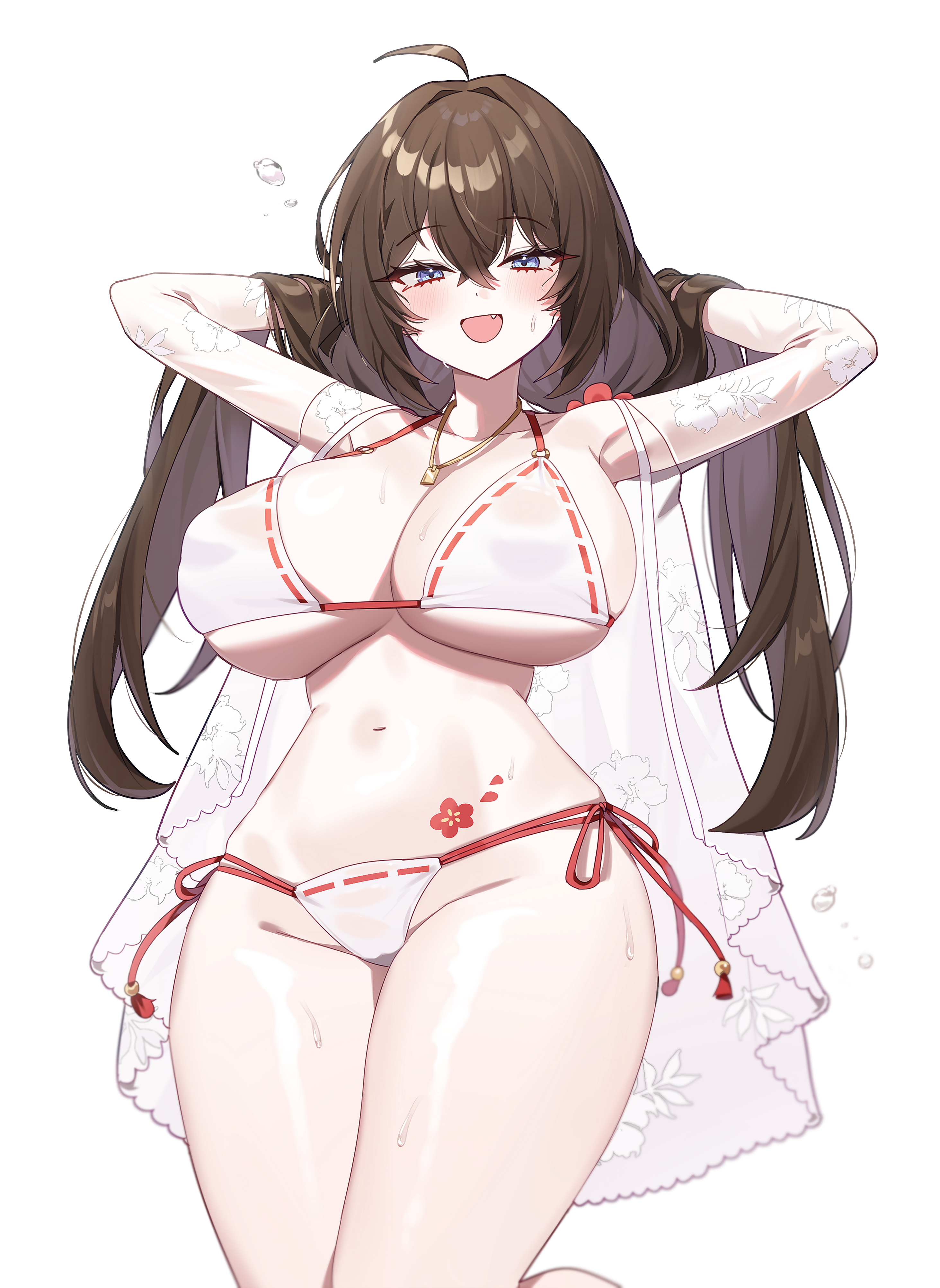 taiyaki12, takamiya keika, original, absurdres, commentary request, commission, highres, korean commentary, second-party source, 1girl, ahoge, arm up, armpits, arms behind head, bikini, blue eyes, breasts, brown hair, cleavage, collarbone, covered erect nipples, cowboy shot, crotch, fang, flower tattoo, hair between eyes, hair lift, hands in own hair, jewelry, large breasts, long hair, looking at viewer, multi-strapped bikini bottom, navel, necklace, omamori, open clothes, open mouth, ribbon-trimmed bikini, ribbon trim, see-through clothes, side-tie bikini bottom, sidelocks, simple background, skindentation, smile, solo, standing, stomach, string bikini, sweat, swimsuit, tattoo, thighs, underboob, white background, white bikini