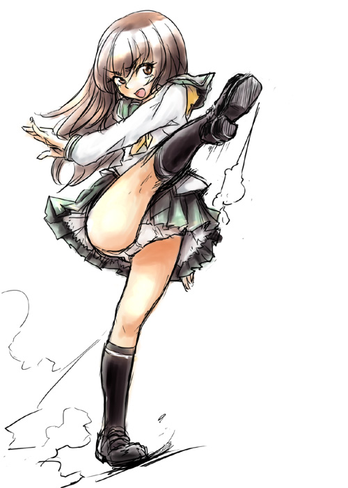 osakana (denpa yun'yun), kicking, panties, pantyshot, school uniform, serafuku, sketch, solo, underwear