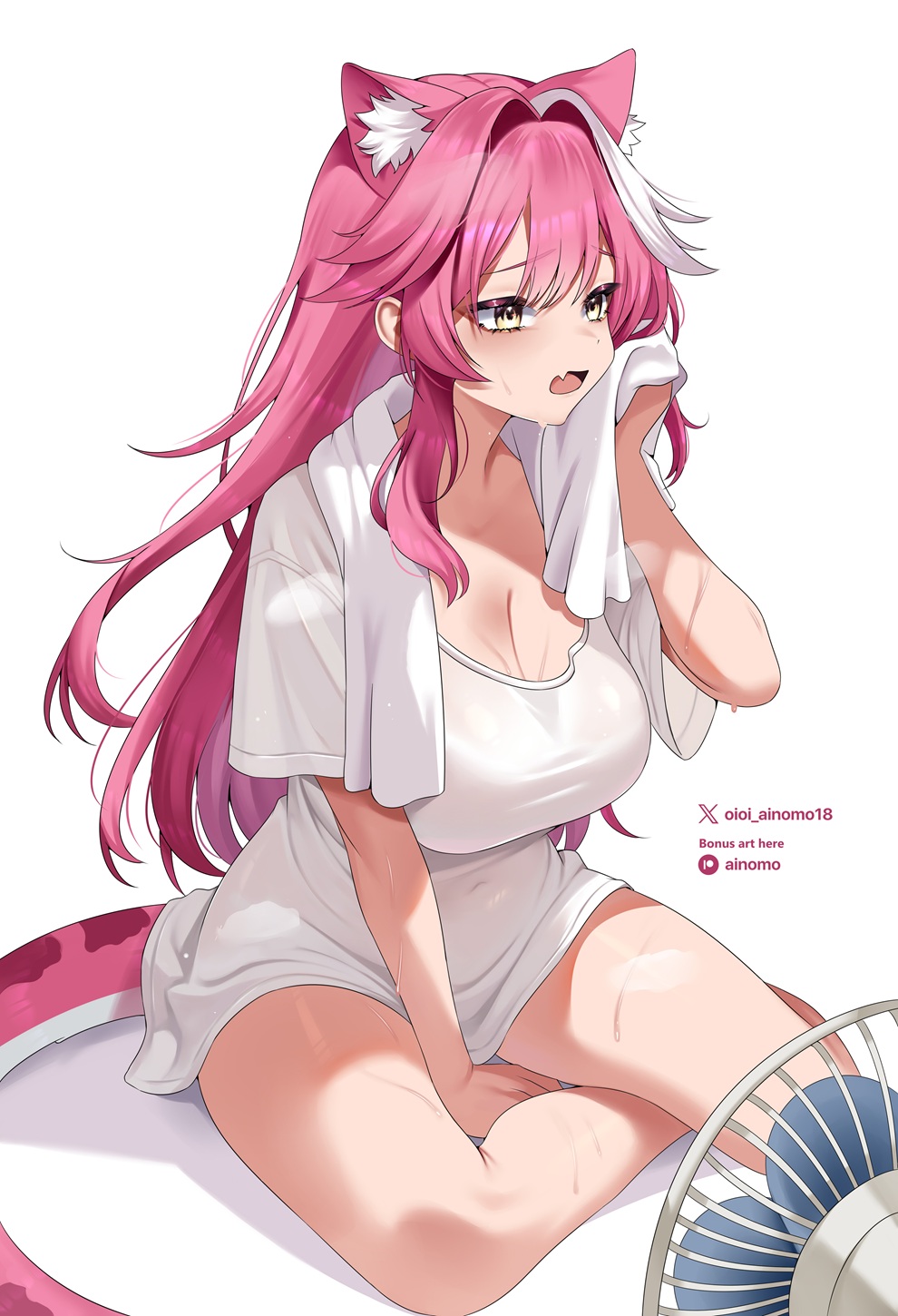oioi ainomo, raora panthera, hololive, hololive english, commentary, english commentary, highres, paid reward available, 1girl, animal ear fluff, animal ears, between legs, breasts, center-flap bangs, cleavage, double-parted bangs, electric fan, extra ears, fang, hand between legs, large breasts, long hair, multicolored hair, no pants, open mouth, panther ears, panther girl, panther tail, pink hair, shirt, sidelocks, simple background, sitting, skin fang, solo, streaked hair, sweat, t-shirt, tail, very long hair, virtual youtuber, white background, white hair, white shirt, wiping sweat, yellow eyes