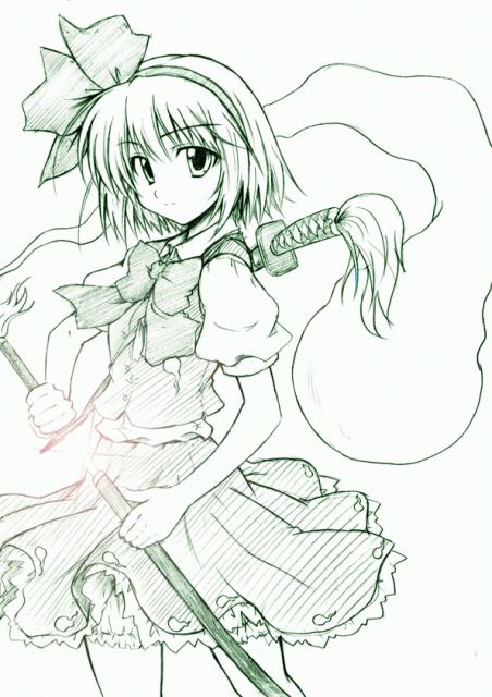 sankaku umako, konpaku youmu, konpaku youmu (ghost), touhou, 1girl, female focus, fighting stance, green theme, hitodama, katana, monochrome, ready to draw, solo, sword, weapon