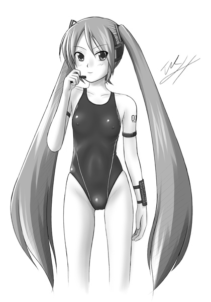tk4, hatsune miku, vocaloid, covered erect nipples, greyscale, long hair, monochrome, one-piece swimsuit, solo, swimsuit, twintails, very long hair
