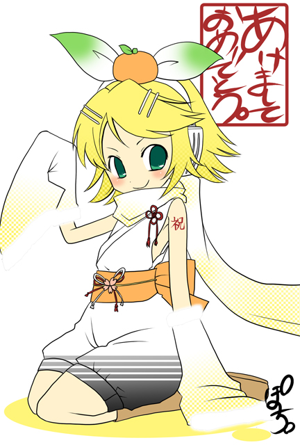 kagamine rin, vocaloid, 1girl, akeome, alternate costume, arm tattoo, bare shoulders, blonde hair, blush, detached sleeves, female focus, food, food on head, fruit, fruit on head, full body, green eyes, hair ornament, hair ribbon, hairclip, happy new year, headphones, japanese clothes, kimono, looking at viewer, mandarin orange, new year, no pupils, object on head, red ribbon, ribbon, scarf, seiza, short hair, short sleeves, simple background, sitting, sleeveless, sleeveless kimono, solo, swept bangs, tareme, tassel, tattoo, white background, white kimono, white ribbon, yellow scarf
