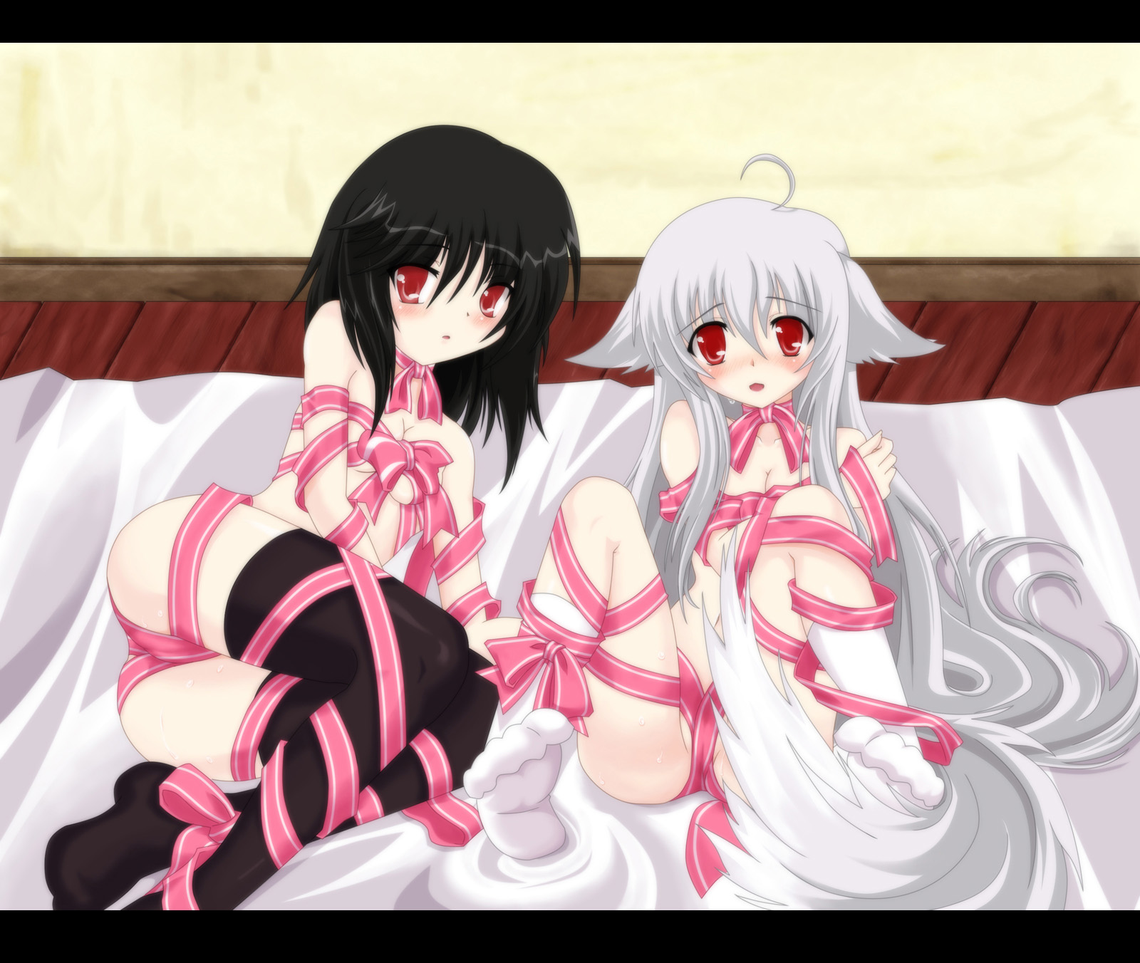 auer, inubashiri momiji, shameimaru aya, touhou, highres, 2girls, albino, animal ears, bed, black hair, blush, feet, female focus, long hair, multiple girls, naked ribbon, red eyes, ribbon, short hair, tail, thighhighs, white hair, wolf ears, yuri
