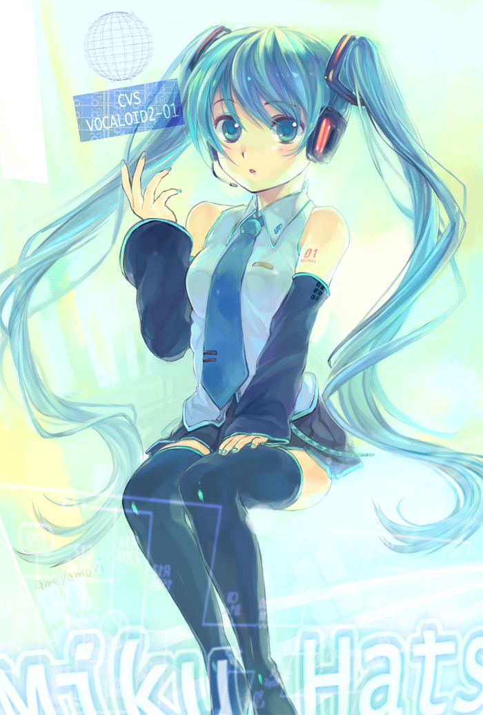 ame yamori, hatsune miku, vocaloid, 1girl, aqua hair, female focus, long hair, solo, thighhighs, twintails, very long hair