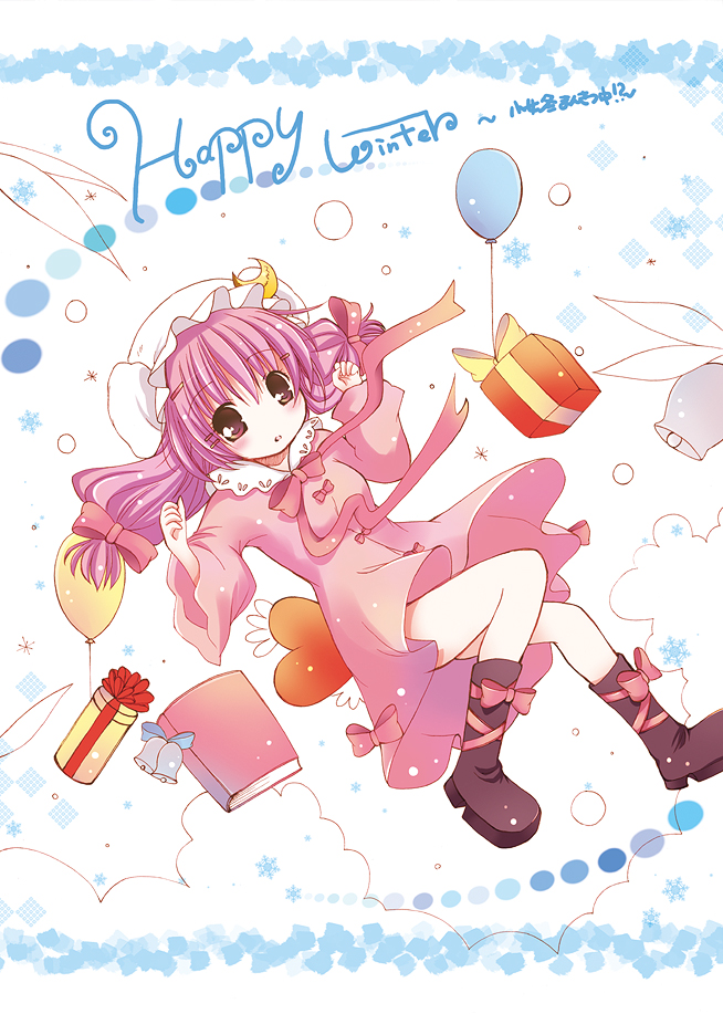 catbell, patchouli knowledge, touhou, 1girl, balloon, boots, cloud, dress, female focus, gift, hair ribbon, hat, ribbon, solo, white background, winter