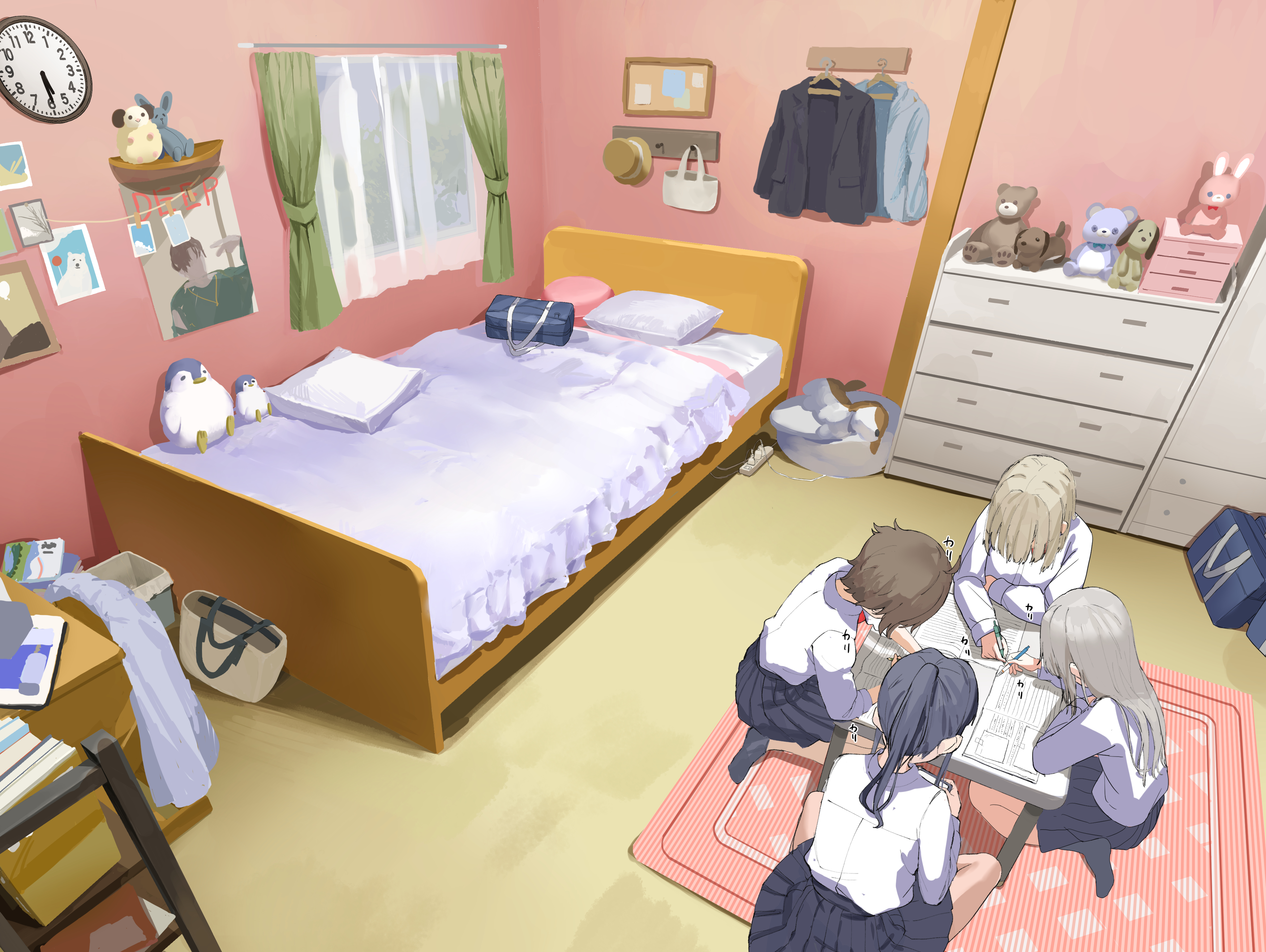 lemontyoisy r18, original, absurdres, commentary request, highres, 4girls, analog clock, arm on table, bag, bed, bedroom, book, brown hair, chest of drawers, clock, curtains, facing down, grey hair, grey skirt, grey socks, holding, holding pen, homework, indoors, long hair, long sleeves, medium hair, multiple girls, no shoes, open book, pen, pleated skirt, ponytail, rug, school bag, school uniform, shirt, shirt tucked in, short hair, sitting, skirt, socks, sound effects, stuffed animal, stuffed toy, table, white shirt, window