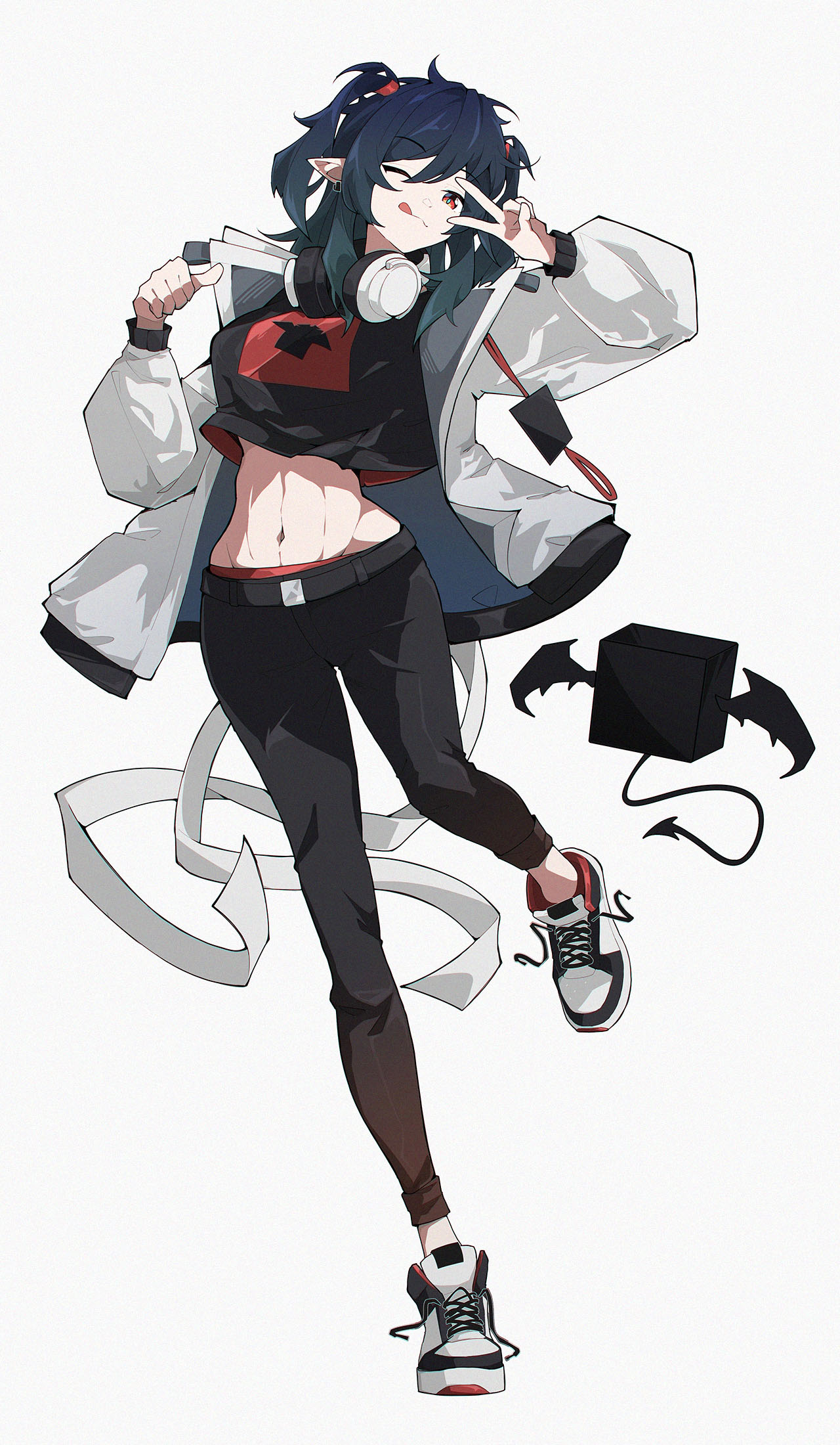 postalworks, closure (arknights), arknights, highres, 1girl, ;q, bat wings, black hair, black pants, black shirt, cropped shirt, drone, full body, hands up, headphones, headphones around neck, jacket, lambda (arknights), long hair, looking at viewer, midriff, navel, one eye closed, open clothes, open jacket, pants, pointy ears, red eyes, shirt, shoes, simple background, sneakers, solo, tongue, tongue out, two side up, untied shoelaces, v, v over eye, white background, white jacket, white shoes, wings
