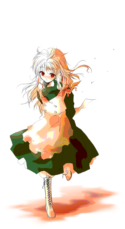honokan, kirisame marisa, touhou, eyebrows, 1girl, albino, apron, arms behind back, blonde hair, boots, bow, braid, closed mouth, dress, female focus, full body, hair bow, lace-up boots, leg up, long hair, messy hair, no headwear, red eyes, single braid, solo, standing, standing on one leg