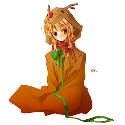 honokan, kirisame marisa, touhou, lowres, 1girl, christmas, collar, costume, female focus, full body, leash, reindeer, simple background, solo, white background