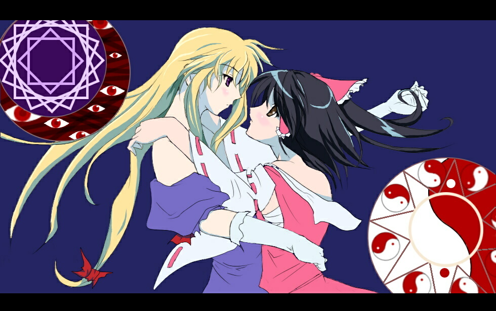 suzuki sakura, hakurei reimu, yakumo yukari, kannazuki no miko, touhou, 2girls, black hair, blonde hair, blush, bow, brown eyes, detached sleeves, eye contact, female focus, gloves, hair bow, hair ornament, hair ribbon, hair tubes, hug, japanese clothes, letterboxed, long hair, looking at another, miko, miko embrace, multiple girls, parody, purple eyes, ribbon, white gloves, yin yang, yuri