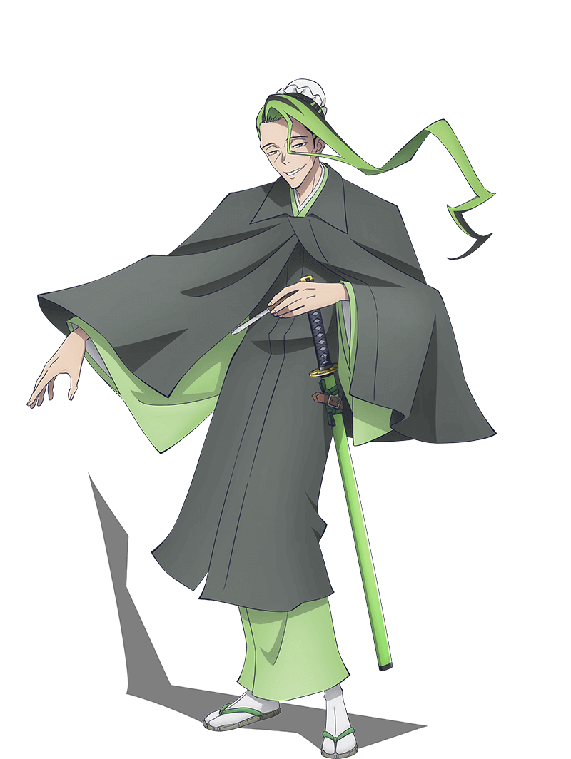 yokota masafumi, bucchigire!, official art, 1boy, anime coloring, black hair, blue eyes, full body, green hair, green kimono, hair bun, holding, holding sword, holding weapon, japanese clothes, katana, kimono, long hair, long sleeves, looking at viewer, multicolored hair, open hand, open mouth, outstretched arm, sandals, scabbard, sheath, simple background, single hair bun, smile, sogen (bucchigire!), solo, standing, streaked hair, sword, teeth, transparent background, two-tone hair, weapon, wide sleeves, zouri