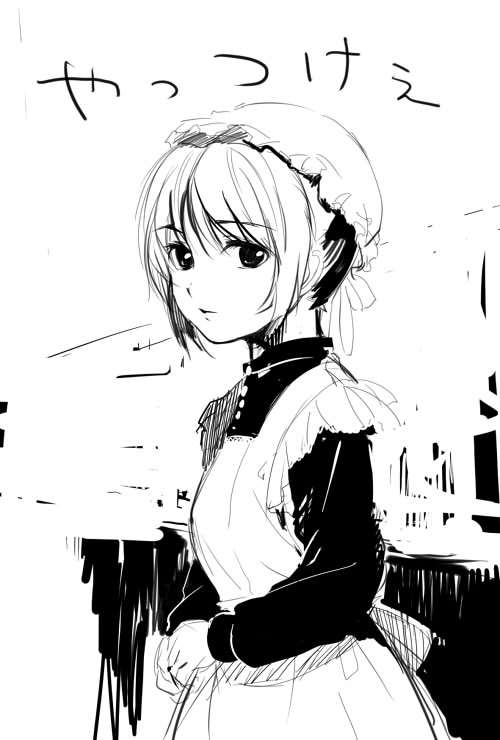 original, 1girl, apron, dress, female focus, greyscale, hat, high contrast, long sleeves, looking at viewer, maid, maid apron, mob cap, monochrome, short hair, simple background, solo, upper body, victorian maid, white background