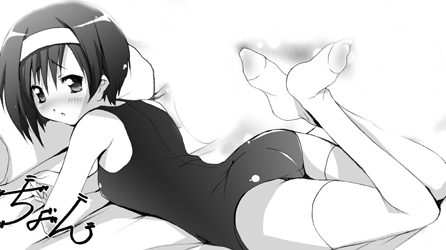 kashi, shindou kei (ef), ef (visual novel), lowres, 00s, ass, bed, blush, feet, greyscale, hairband, legs, looking back, lying, monochrome, one-piece swimsuit, school swimsuit, short hair, swimsuit, thighhighs