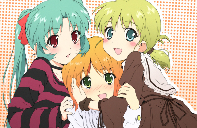 yomi (indigoriver), original, 3girls, aqua hair, blue eyes, blush, choker, green eyes, green hair, multiple girls, orange hair, red eyes, shirt, short twintails, striped clothes, striped shirt, twintails