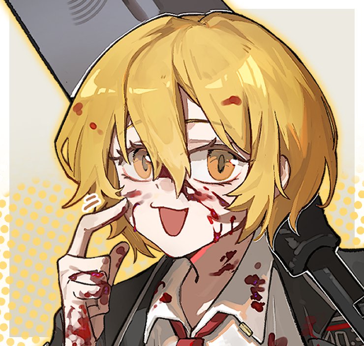 kiscript, don quixote (project moon), limbus company, project moon, 1girl, :3, :d, ben-day dots, black jacket, blonde hair, blood, blood in hair, blood on clothes, blood on face, blood on hands, border, collared shirt, double-parted bangs, hair between eyes, hand on own face, jacket, motion lines, necktie, open mouth, outside border, over shoulder, polearm, portrait, red necktie, screentones, shirt, short hair, smile, spear, sword, sword over shoulder, weapon, weapon over shoulder, white border, white shirt, yellow eyes