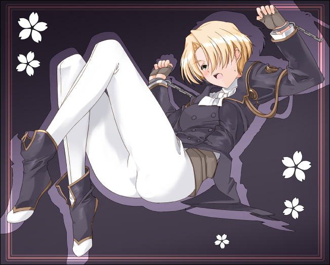 aka ume, maria tachibana, sakura taisen, sega, uniform, 00s, 1girl, bdsm, blonde hair, bondage, bound, chain, chained, cuffs, female focus, hair over one eye, leggings, shackles, shadow, short hair, solo