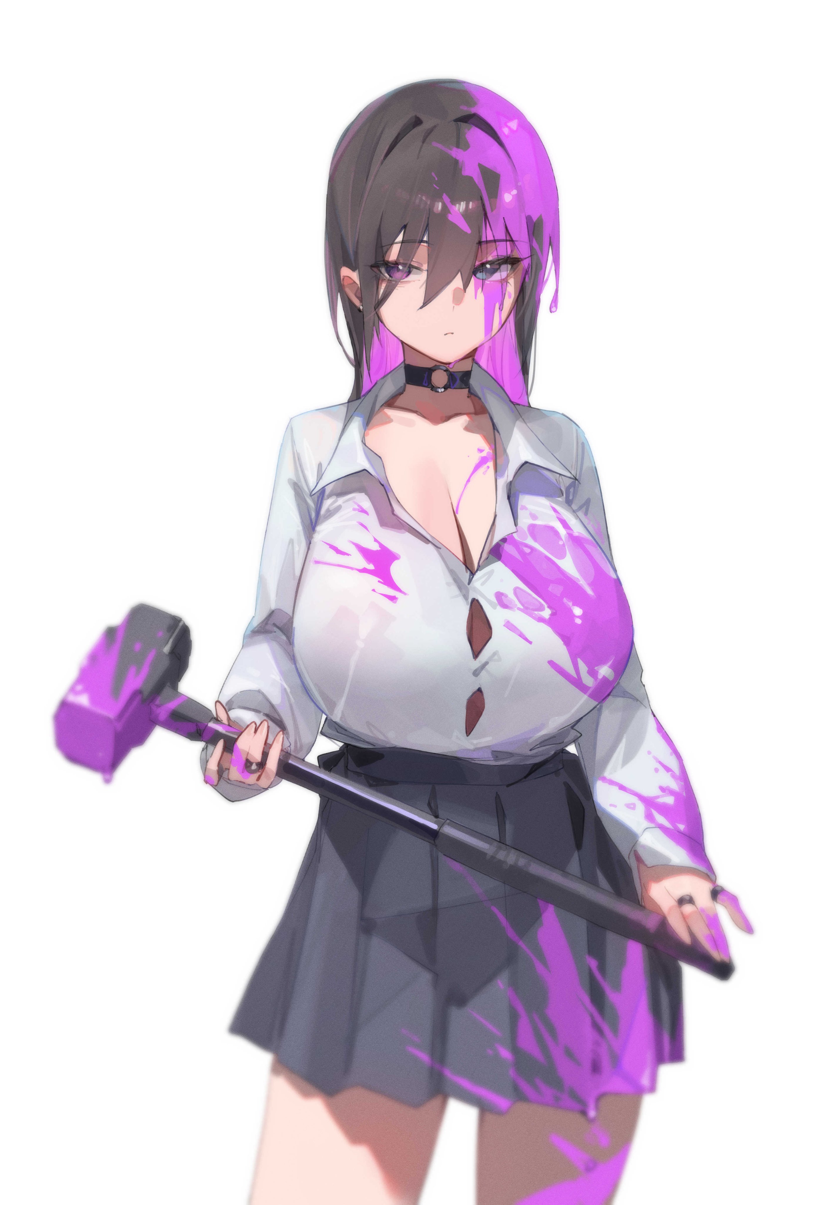 newbie (newbie 132), original, absurdres, highres, 1girl, black choker, black hair, black skirt, blue eyes, breasts, button gap, choker, cleavage, closed mouth, collared shirt, colored inner hair, cowboy shot, dress shirt, expressionless, hair between eyes, hammer, heterochromia, holding, holding hammer, huge breasts, jewelry, long sleeves, looking at viewer, multicolored hair, multiple rings, o-ring, o-ring choker, paint, paint in hair, paint on body, paint on clothes, paint splatter, paint splatter on face, pleated skirt, purple eyes, purple hair, ring, school uniform, shirt, simple background, skirt, sledgehammer, solo, standing, two-tone hair, white background, white shirt