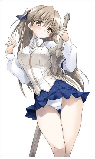 mizuki takehito, 1girl, female focus, miniskirt, panties, pantyshot, school uniform, serafuku, skirt, solo, sword, underwear, upskirt, weapon, white panties
