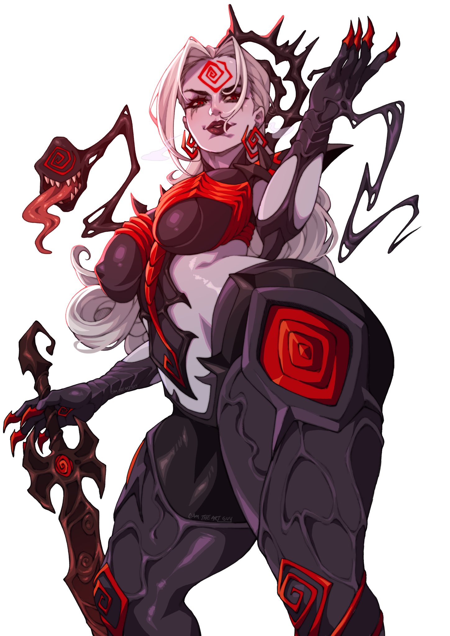 cam the art guy, hela (marvel), hela (queen in black) (marvel), marvel, marvel rivals, highres, 1girl, black gloves, breasts, cape, colored skin, gloves, grey skin, holding, huge breasts, large breasts, long hair, looking at viewer, official alternate costume, red eyes, simple background, smile, solo, white hair