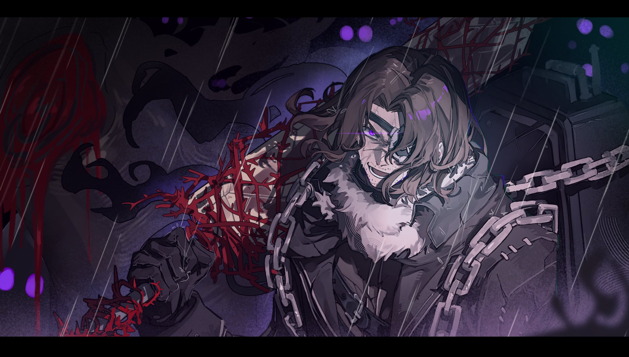 kiscript, erlking heathcliff (project moon), limbus company, project moon, highres, 1boy, :d, beard stubble, belt, black gloves, black jacket, brown hair, chain, coffin, curtained hair, eyepatch, facial hair, fur collar, gloves, greatsword, grin, holding, holding sword, holding weapon, jacket, letterboxed, long hair, male focus, open mouth, over shoulder, popped collar, purple eyes, rain, smile, solo, stubble, sword, sword over shoulder, upper body, weapon, weapon over shoulder