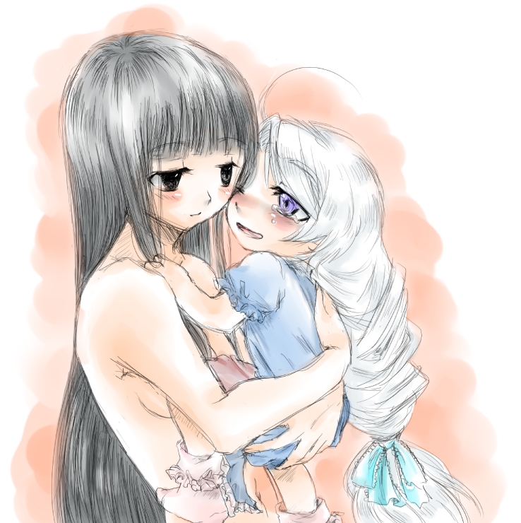usamisan, houraisan kaguya, yagokoro eirin, touhou, 2girls, aged down, baby, black hair, female focus, long hair, multiple girls, nude, sitting, standing, time paradox, white hair